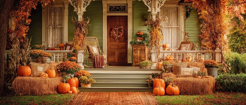 Charming autumn porch decor featuring pumpkins, mums, hay bales, and fall foliage for seasonal greetings