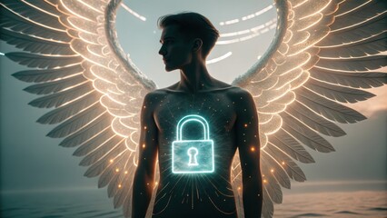 A figure with angel wings and a glowing lock symbol on their chest.