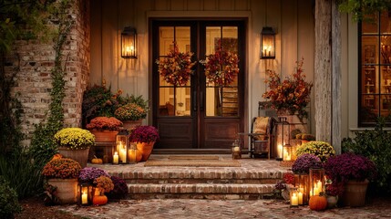 Obraz premium Welcoming Autumn: Festive Home Entrance with Floral Wreaths, Pumpkins, Mums, and Candlelight Illuminating a Cozy Fall Ambiance