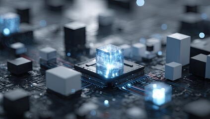 Illuminated data cube on a circuit board, representing digital processing