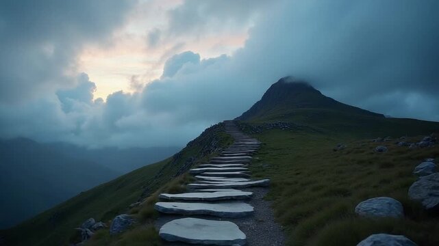 Dramatic sky over steps in a mountain.