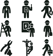 Electrician icons set showcasing electrical work, repairs, and safety in a modern, professional style
