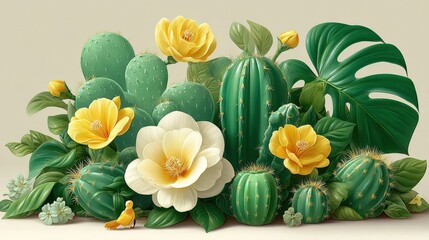 Artistic Arrangement of Cactus and Flowers