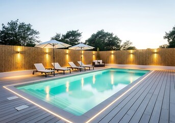 Lit swimming pool with lounge chairs and parasols sits within a fenced wooden deck
