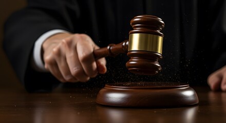 Judges Hand Striking Gavel on Wooden Table with Golden Particles