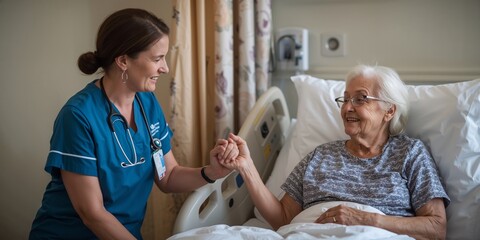 Nurse reassures older woman during hospital stay—warm bedside compassion and patient-centered care, building trust for healing and recovery in a calm clinical ward