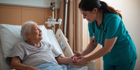 Compassionate nurse holds hands with smiling elderly patient in hospital bed—supportive bedside care, senior recovery, trust and empathy in a modern healthcare ward