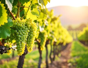 Fototapeta premium Green grapes on vines at sunset