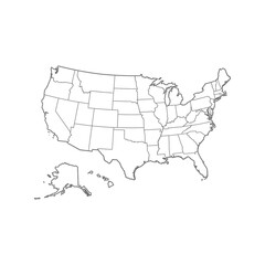 Fototapeta premium Outlined United States Map with State Borders Including Alaska and Hawaii.