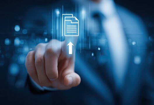A hand in a suit touches a digital document upload icon