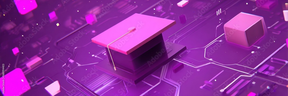 Aufkleber digital graduation cap floating in a futuristic landscape with vibrant colors and circuit patterns
