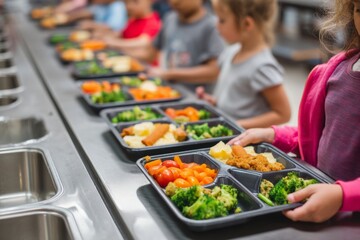 A school cafeteria where children receive free lunches Trays of healthy meals lined up neatly The mood feels nurturing and essential, Generative AI
