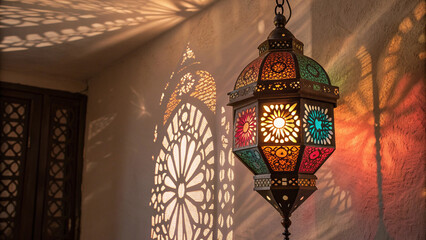Ornate lantern casting intricate shadows on a wall with a window frame visible in the background © ahmad hussain