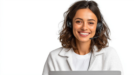 Smiling customer service representative with headset in bright office setting
