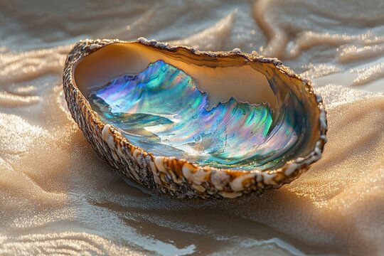 Abalone shell shimmers with iridescent colors on sun-kissed sand. Use for travel, nature, ocean themes, or spiritual enlightenment.