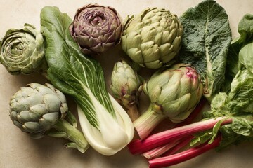 Obraz premium Assorted artichokes, bok choy, kale, and rhubarb