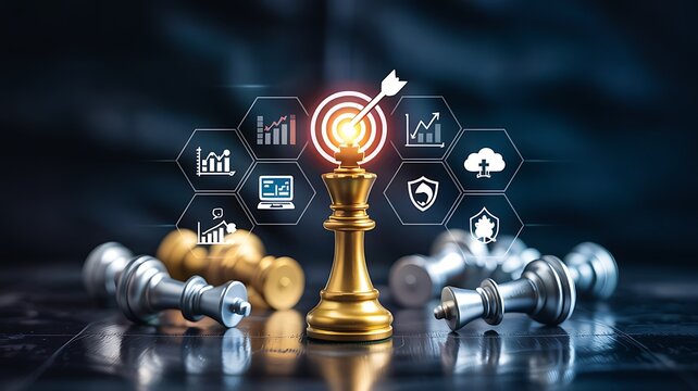Golden chess king stands tall amidst fallen opponents on a chessboard with illuminated digital icons representing business success and strategic planning