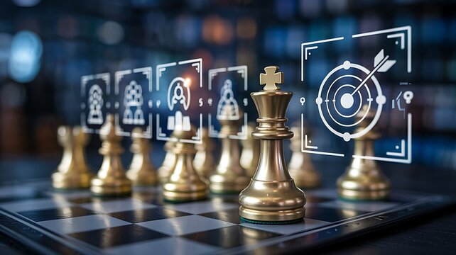 Golden chess king leading the army with holographic target and strategy icons symbolizing business success and planning - Powered by Adobe
