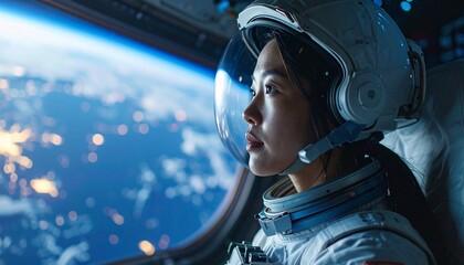 Astronaut looks at Earth from the spaceship window. Earth light reflected on his helmet, cinematic lighting, surreal, 4K