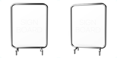 Two angles of a metal framed stand sign. A cute 3D icon.