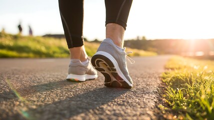 Close up of a person s legs and feet walking on a paved path outdoors during a golden hour sunset with warm light and green grass