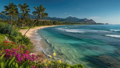 Fototapeta premium Pristine beach with turquoise water, palm trees, and vibrant flowers under a clear sky