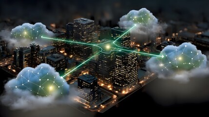 Aerial view of city with cloud computing network connected by green lines and glowing connections