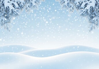 Snow covered pine boughs frame gently sloping hills during a winter snowfall scene