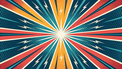 A vibrant comic book style background with radial lines and lightning bolts emanating from the center