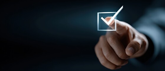 A hand appears to check off an item in a digital checkbox, symbolizing confirmation or approval in a modern, tech-oriented context.