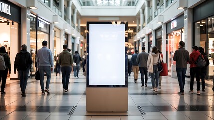 Blank digital advertising screen in the center of a busy modern shopping mall with blurred shoppers walking past