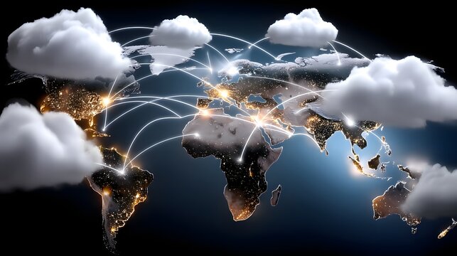 World map with city lights and clouds connected by lines representing global network connections - Powered by Adobe