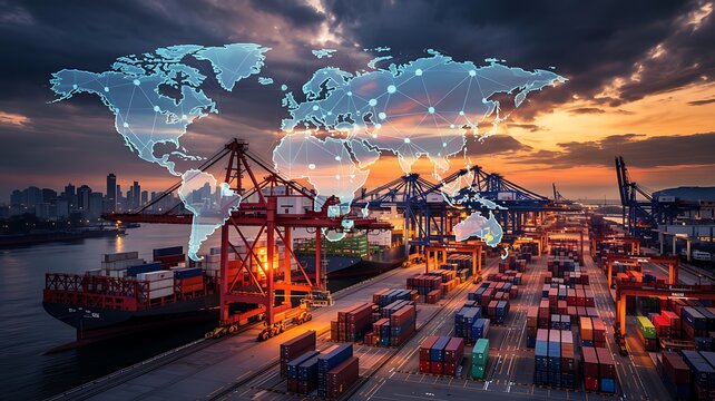 Global logistics network illustrated over a busy shipping port at sunset with interconnected digital nodes representing worldwide trade routes