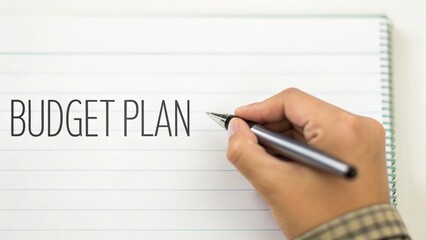 Student shopping on budget, A hand writing "BUDGET PLAN" on a lined notebook page, suggesting organization and financial planning.