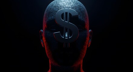 Technological Human Head with Dollar Sign Symbolizing Monetary Focus