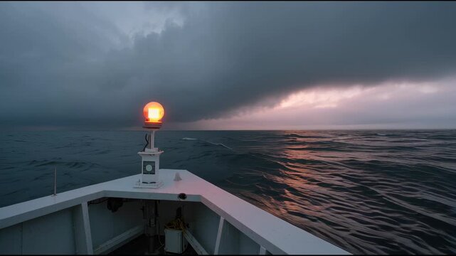 Boat bow light glowing dusk as storm cloud approaches over choppy ocean with distant pink horizon and reflective water � stormy voyage bow light cuts through waves toward dark shelf cloud and distant