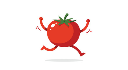 Dynamic Vector Flat Illustration of a Happy Tomato Running in a Whimsical Environment, Showcasing Fun Food Characters in a Playful Perspective