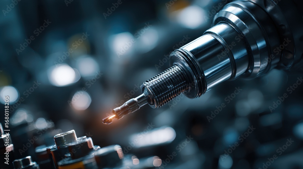 Aufkleber detailed view of an iridium spark plug being aligned for installation with blurred vehicle component