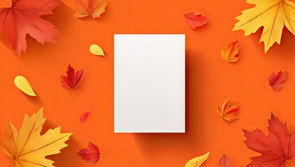Blank card mockup surrounded by autumn leaves on orange background