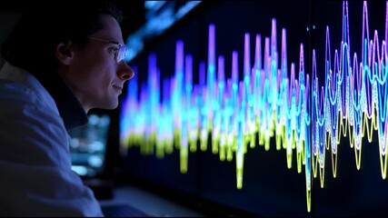 Scientist analyzing colorful waveform data on large monitor in dark lab focused on neon blue purple yellow signal patterns conveying concentration discovery and analytical intent - Powered by Adobe