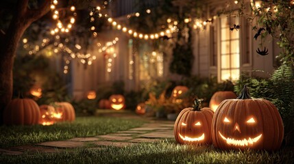 Halloween Night Scene with Glowing Jack-o'-Lanterns and String Lights Decorating a Home Garden for Holiday Celebration