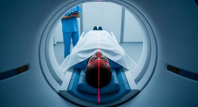 Woman lies in a scanner as technician checks the device for safety
