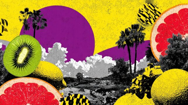Abstract Fruit Pop Art Collage with Kiwi and Geometric Shapes