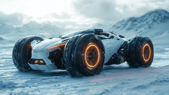 Futuristic White Vehicle on Snowy Mountain Landscape