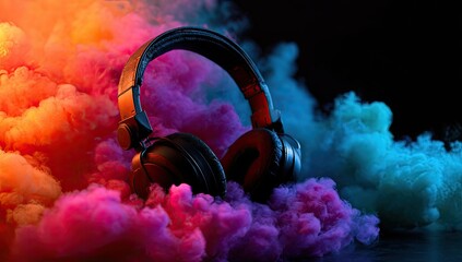 Over-ear headphones in vibrant colored smoke