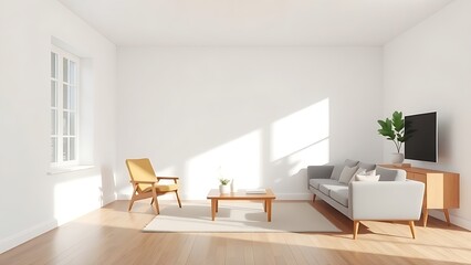 Minimalist living room with mid-century modern furniture, white walls, and wood flooring in natural light.