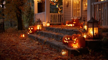 Festive Halloween Porch Decor with Glowing Jack-o'-Lanterns, Lanterns, and Autumn Foliage for a Spooky Atmosphere