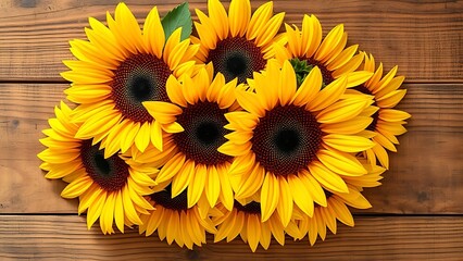 Sunflower arrangement on a rustic wooden surface with warm yellow tones.