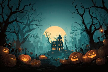 Spooky Halloween scene haunted house, pumpkins, graveyard, dark forest under a full moon