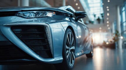 Medium shot of a hydrogenpowered car showcased in a modern lobby setting emphasizing the glossy exterior and ecofriendly message with surrounding environment softly blurred.